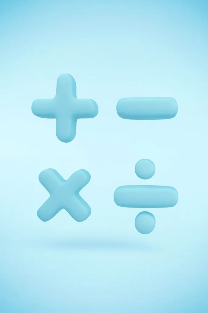 Símbolos matemáticos 3D de adição, subtração, multiplicação e divisão em azul sobre fundo azul claro.