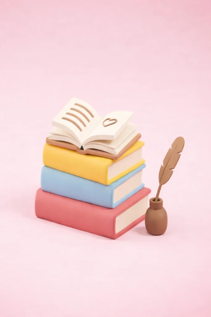 Pilha de livros e pena de escrita simbolizando o aprendizado de língua portuguesa, leitura e escrita.